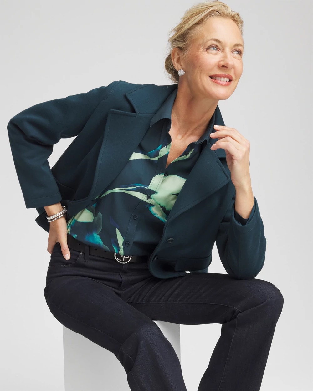 No Iron™ Glacial Flora Sateen Shirt Teal Shadow - Chico's
