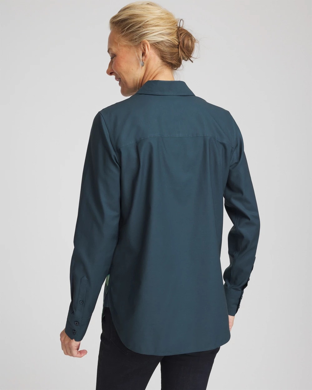 No Iron™ Glacial Flora Sateen Shirt Teal Shadow - Chico's