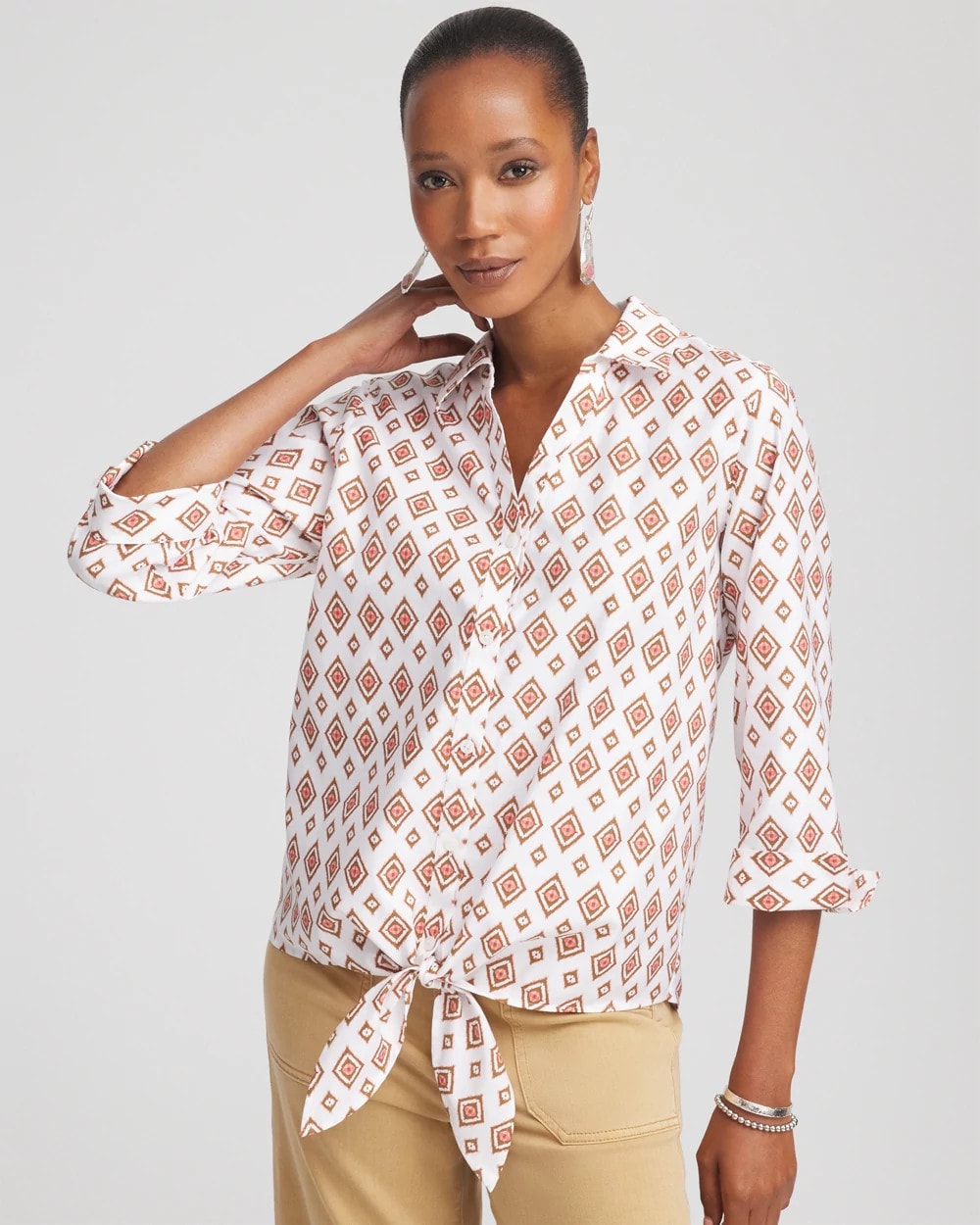 No Iron™ Tie-Front Geo-Print Shirt Siesta Rose - Chico's