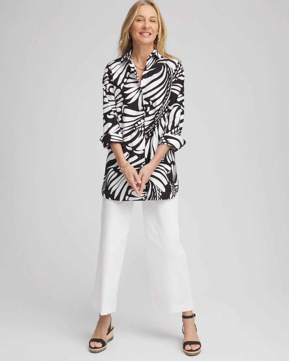 No Iron™ Printed Palms Button Down Tunic Black - Chico's