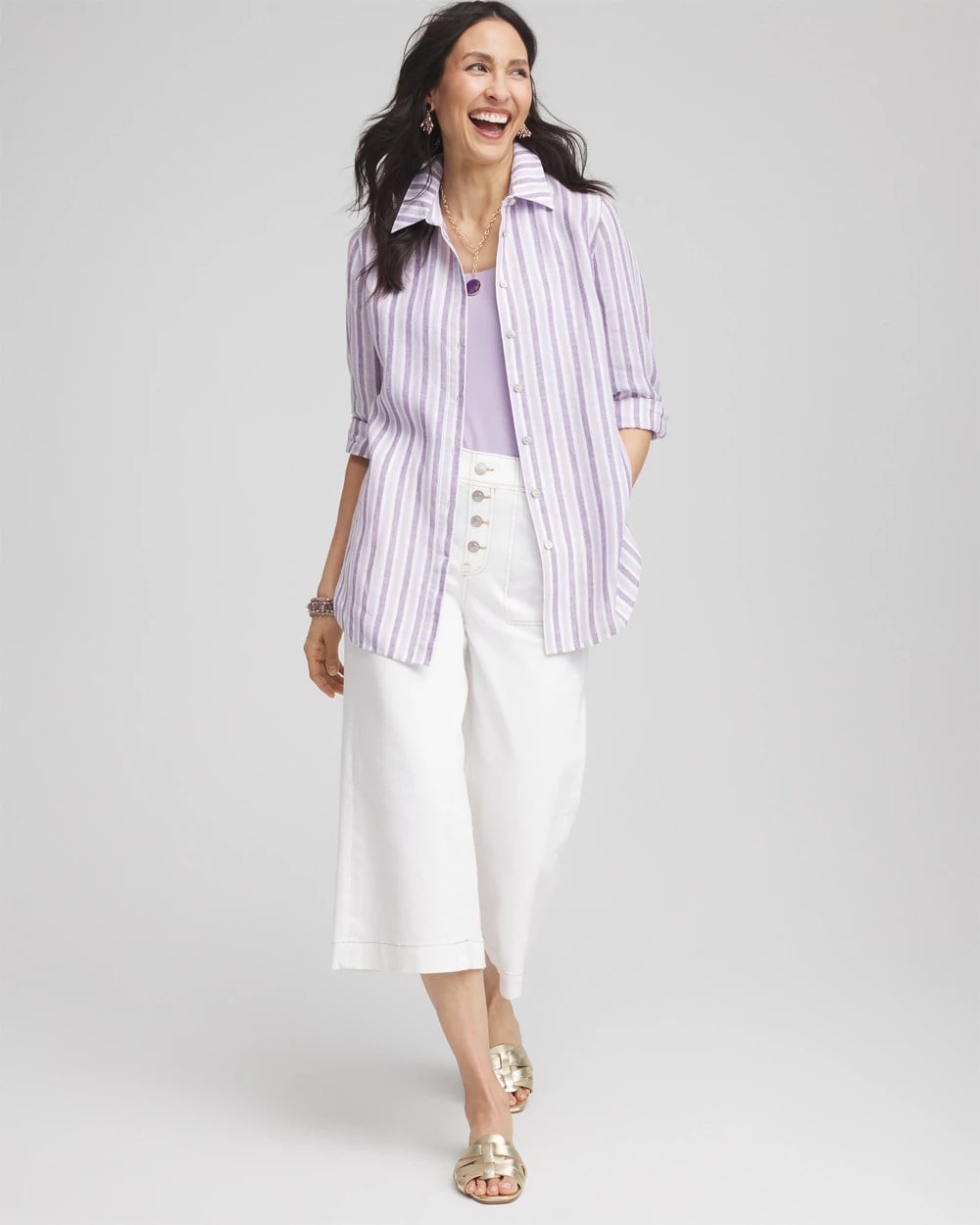 No Iron™ Plum Striped Linen Shirt Plum Shade - Chico's