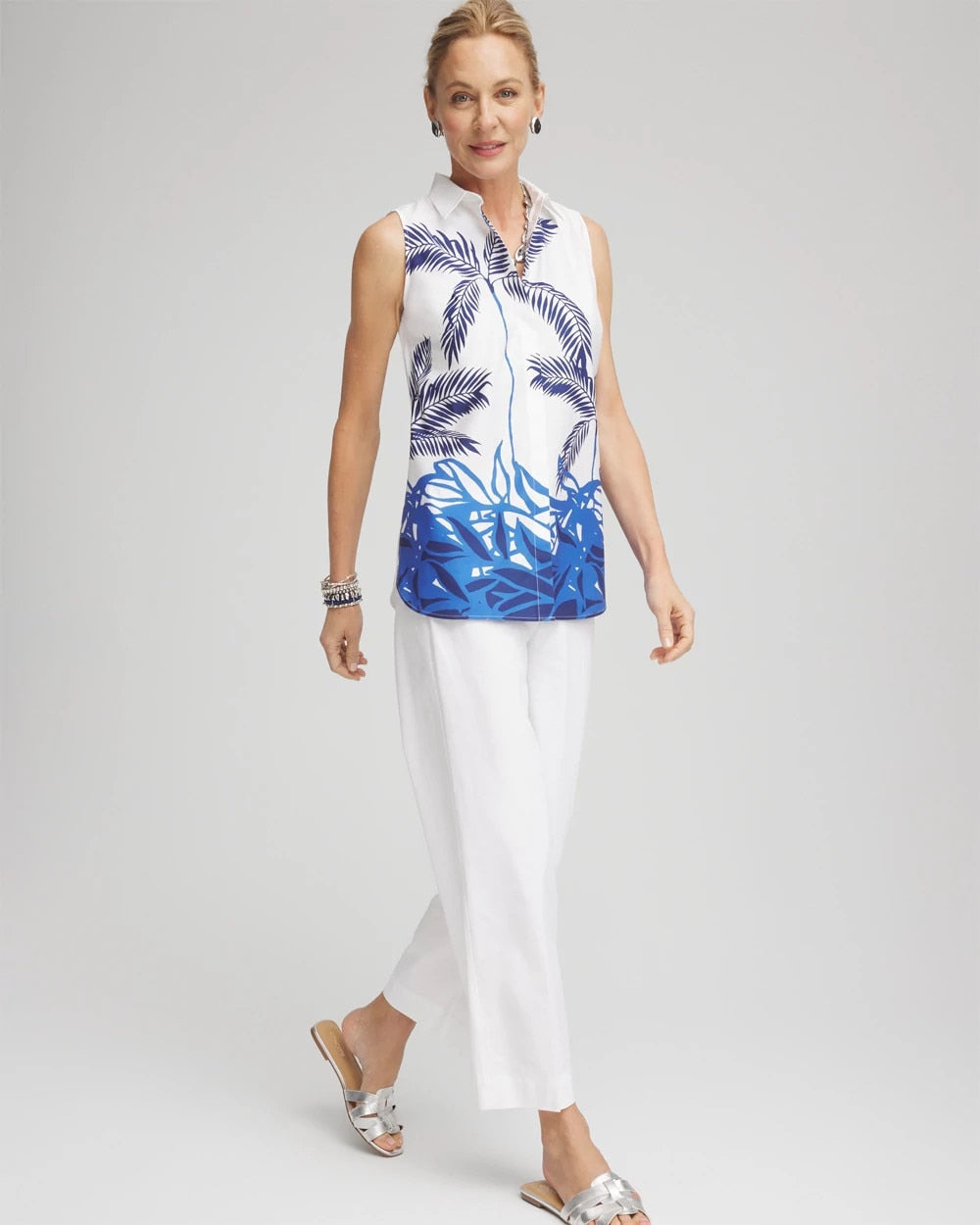 No Iron™ Palms Sleeveless Sateen Shirt Blue Casa - Chico's