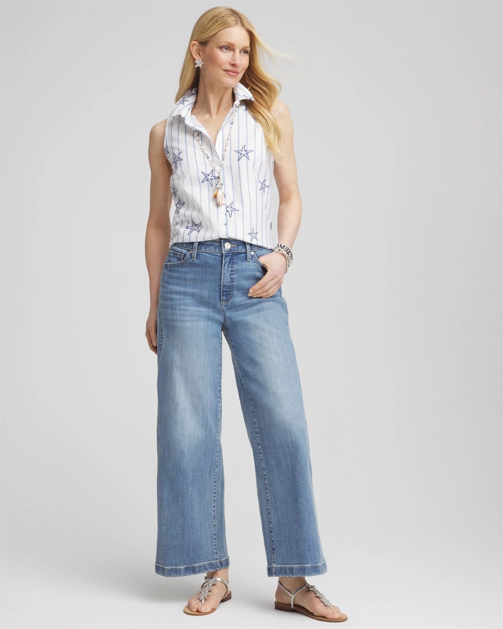 No Iron™ Starfish Striped Sleeveless Sateen Shirt Optic White - Chico's