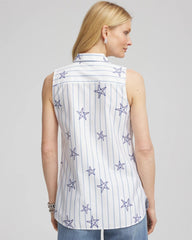No Iron™ Starfish Striped Sleeveless Sateen Shirt Optic White - Chico's