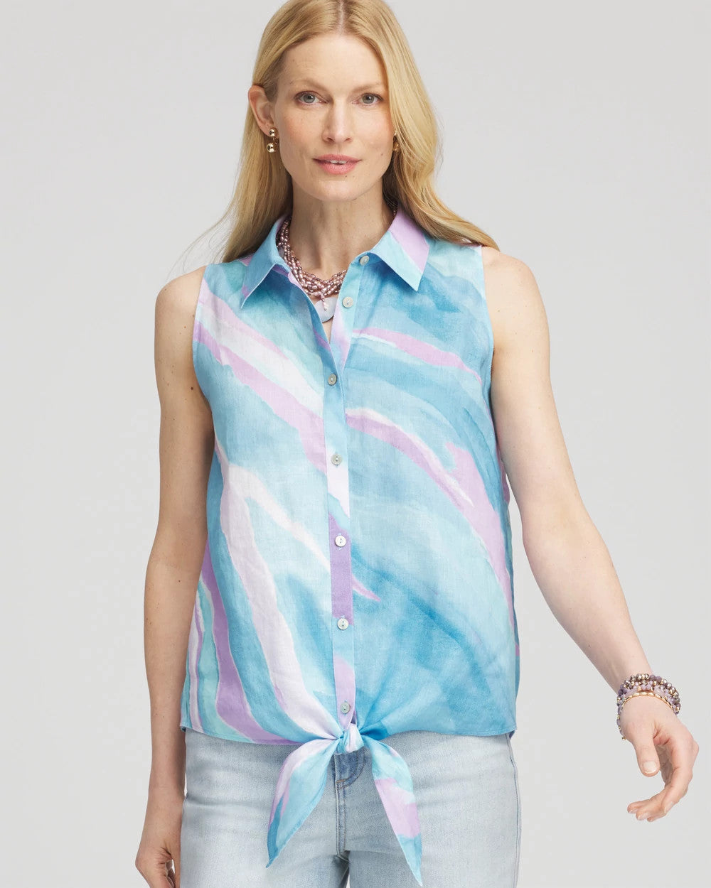 No Iron™ Linen Tie-Front Sleeveless Shirt Paradiso Blue - Chico's