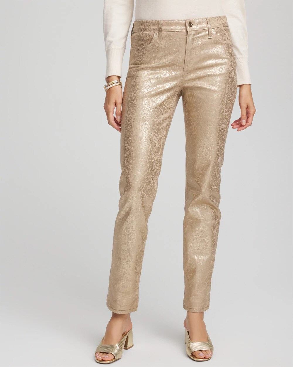 Girlfriend Slim Ankle Foiled Lace Jeans Champagne Fizz - Chico's