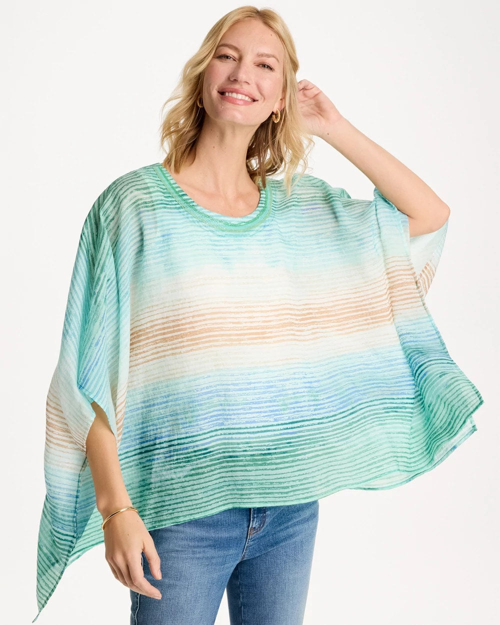 Ombre Coastal Printed Poncho Teal Waters - Chico's