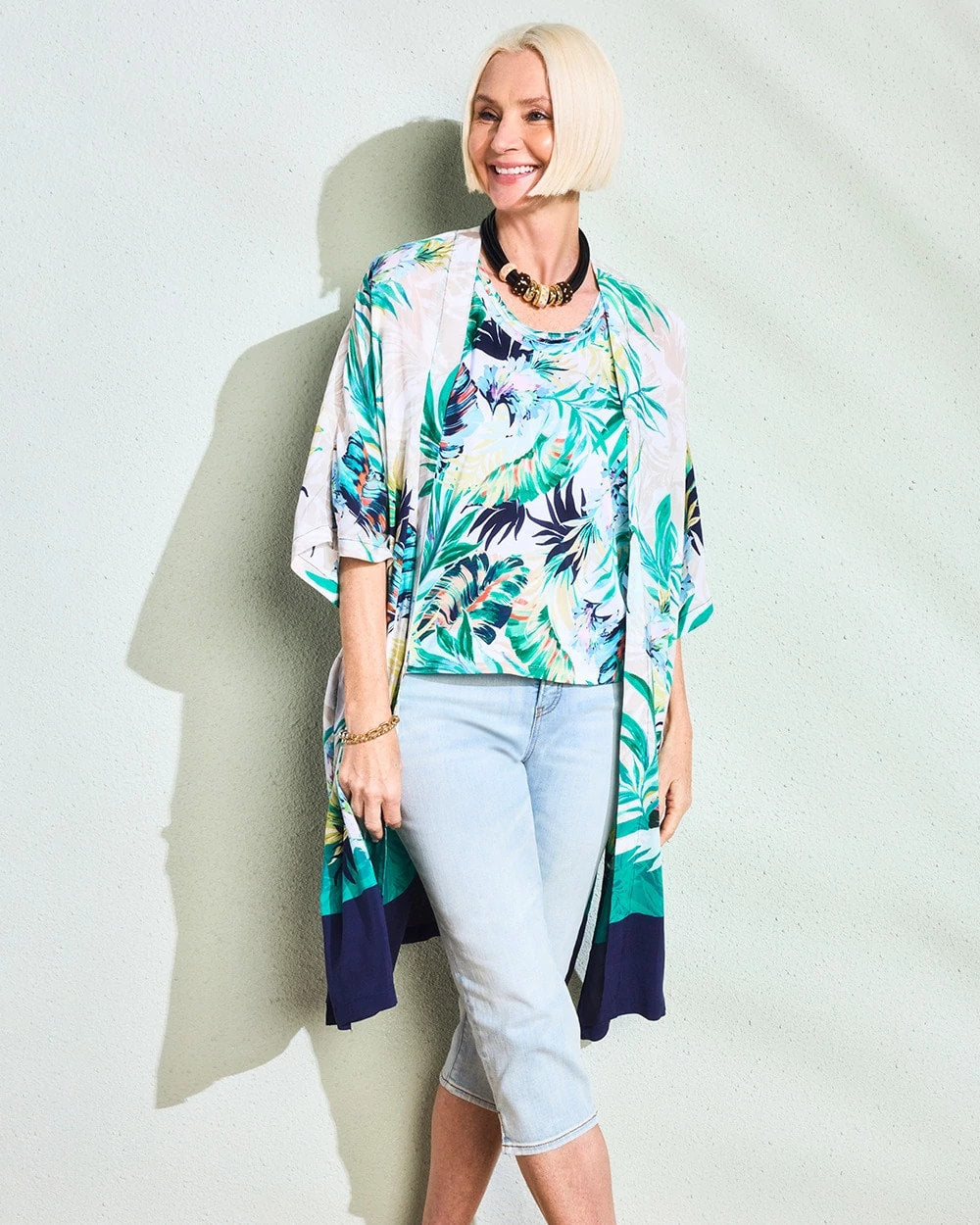 Printed Smocked Long Kimono Topanga Green - Chico's