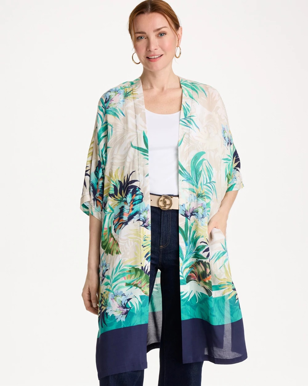 Printed Smocked Long Kimono Topanga Green - Chico's