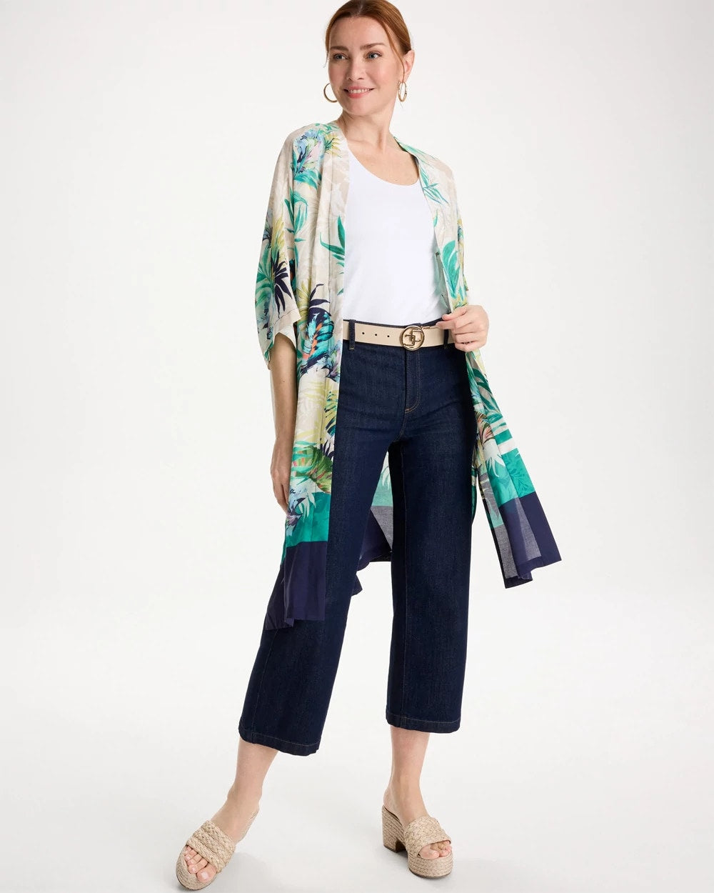 Printed Smocked Long Kimono Topanga Green - Chico's