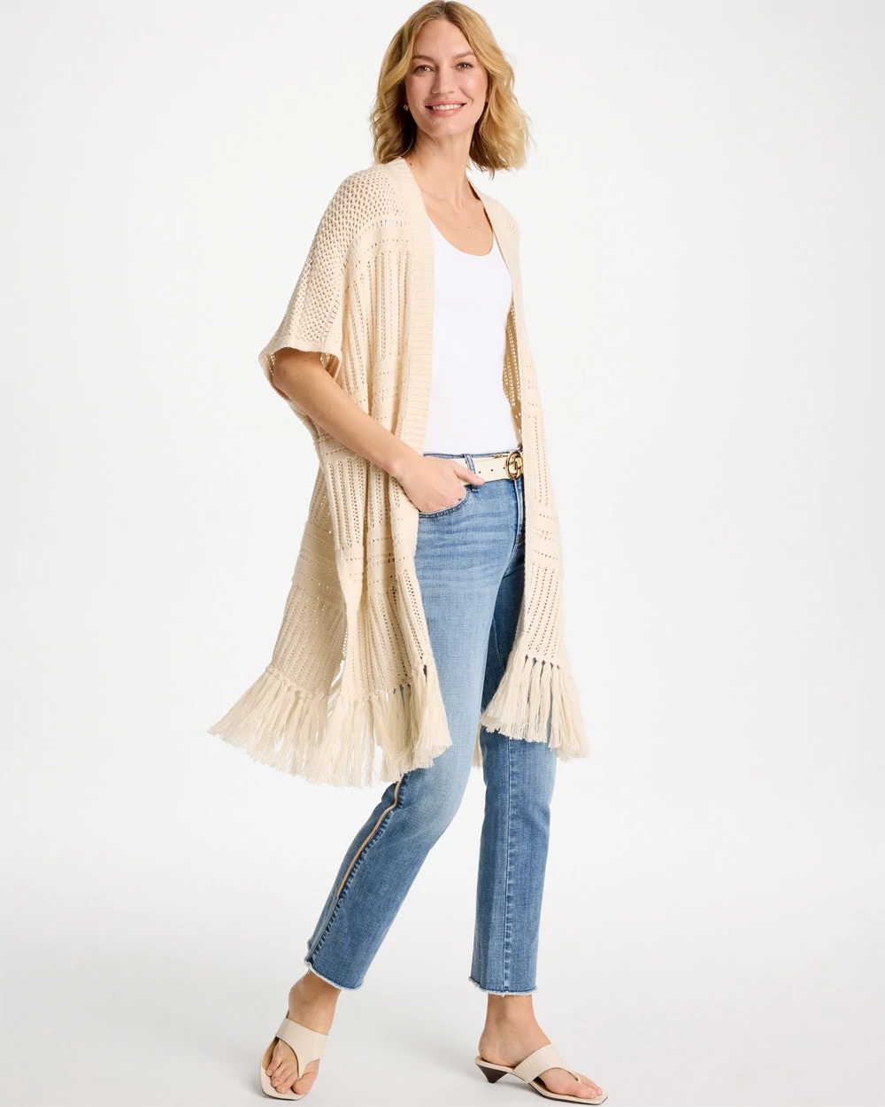 Long Knit Fringe Ruana Cream - Chico's