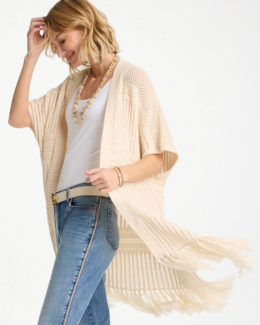 Long Knit Fringe Ruana Cream - Chico's
