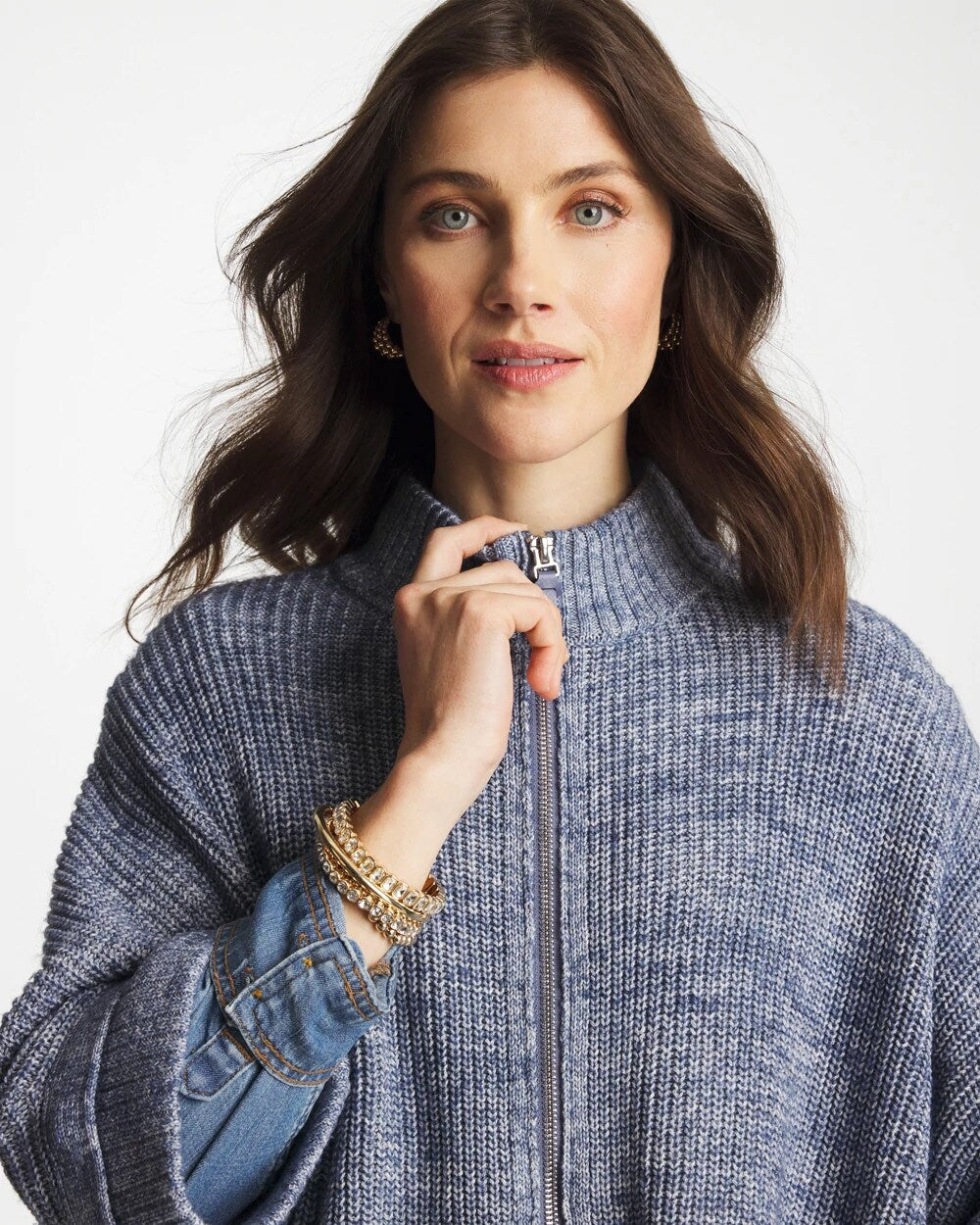 Rounded Hem Zip-Front Ruana Indigo Sky Heather - Chico's