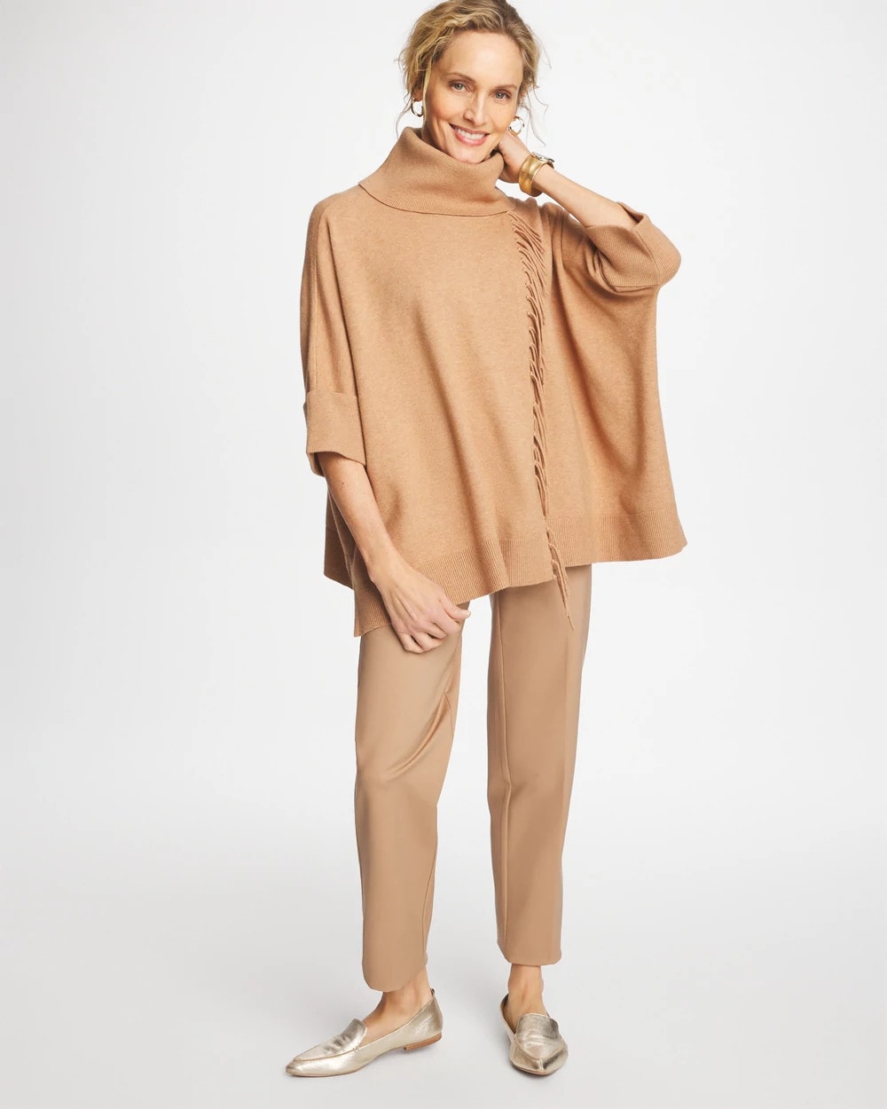 Cowlneck Knit Fringe Poncho Faux Creme Coffee Heather - Chico's