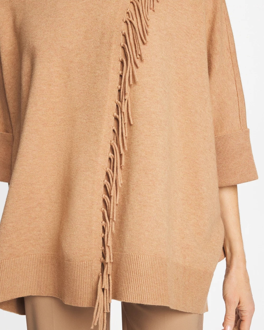Cowlneck Knit Fringe Poncho Faux Creme Coffee Heather - Chico's