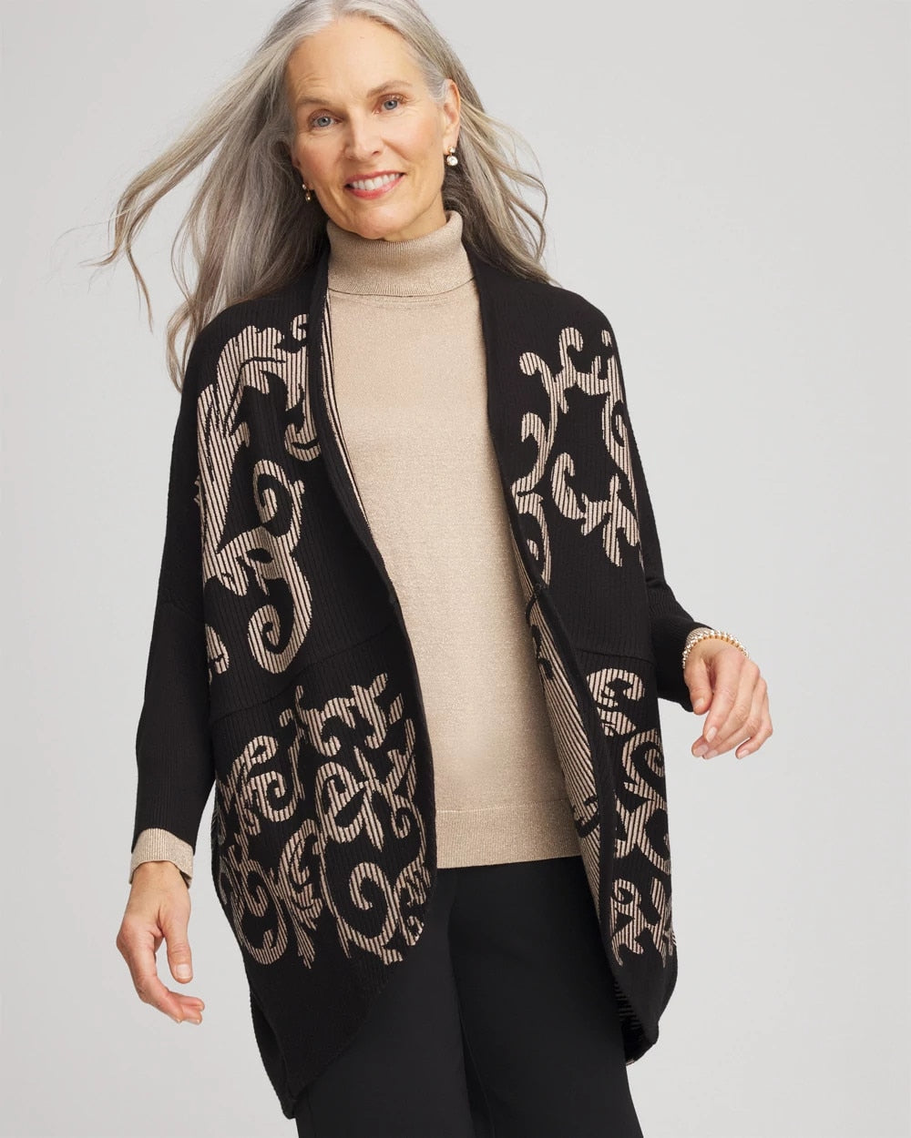 Ottoman Jacquard Cocoon Cardigan Black - Chico's