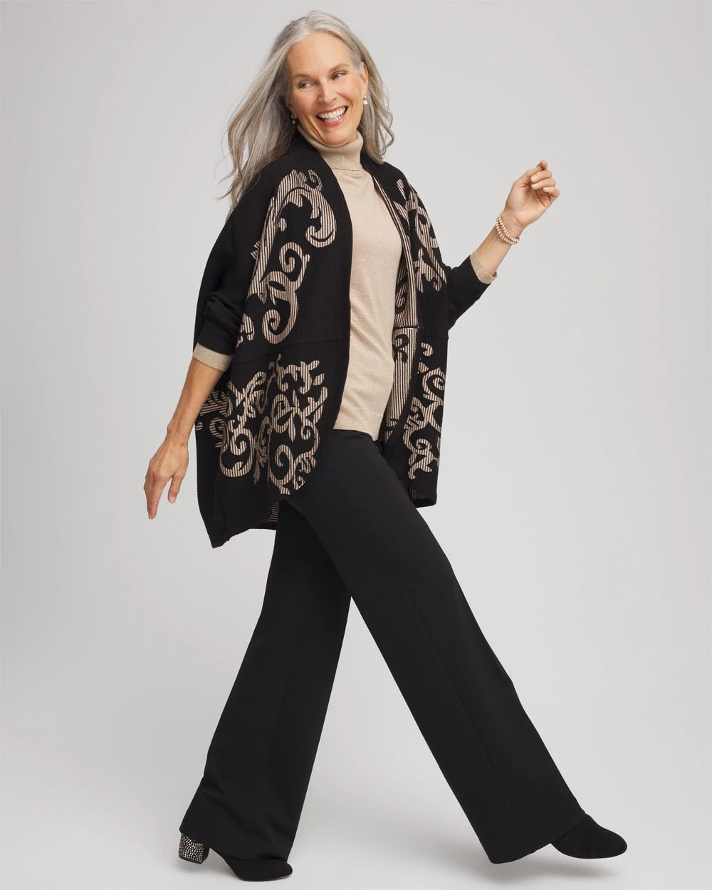 Ottoman Jacquard Cocoon Cardigan Black - Chico's