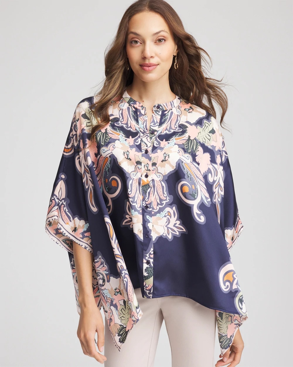 Collarless Floral-Paisley Poncho Passport Blue - Chico's