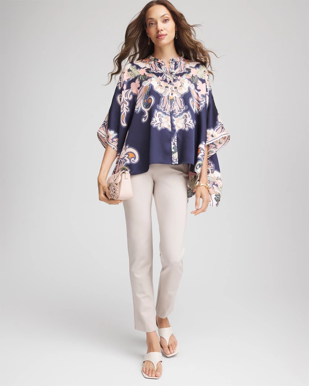 Collarless Floral-Paisley Poncho Passport Blue - Chico's