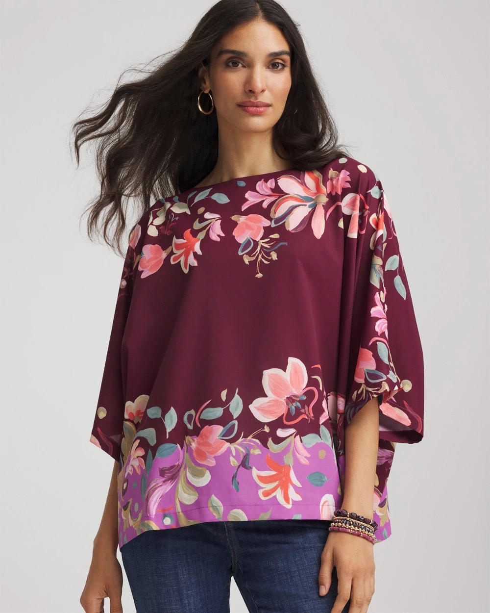 Printed Boatneck Pullover Poncho Deep Chianti - Chico's
