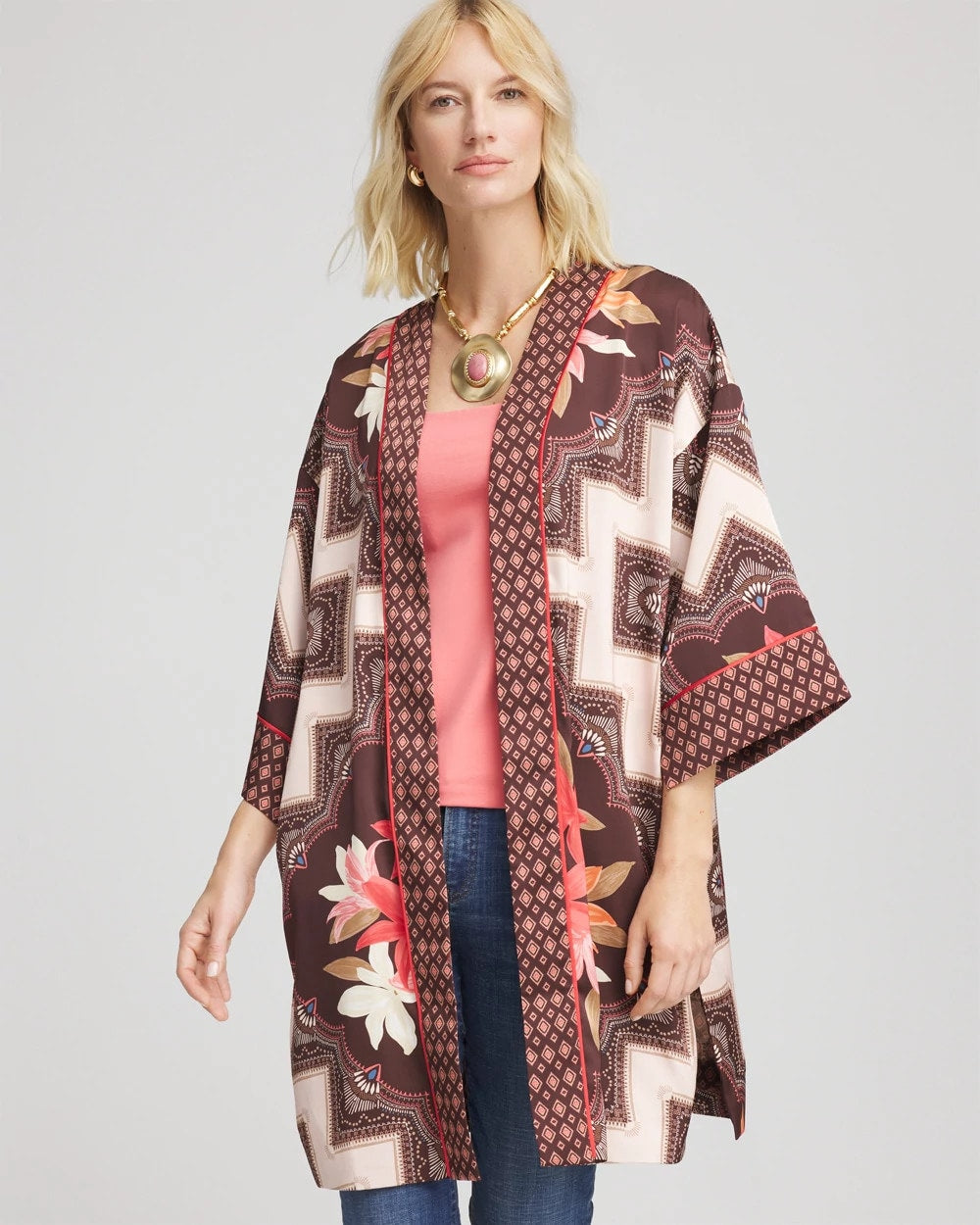 Long Mixed-Print Kimono Cacao - Chico's