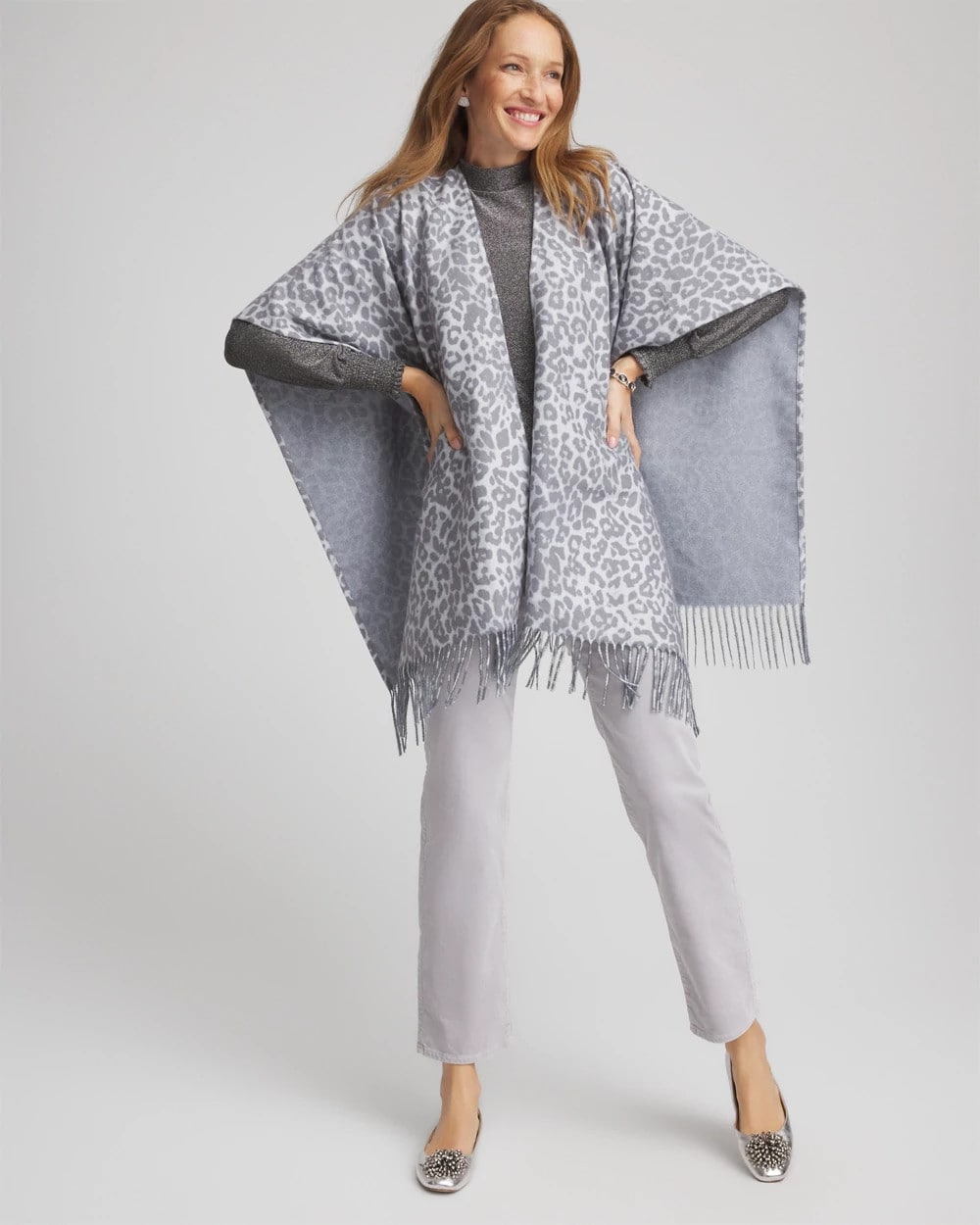 Reversible Animal Print Fringe Ruana Storm Cloud - Chico's