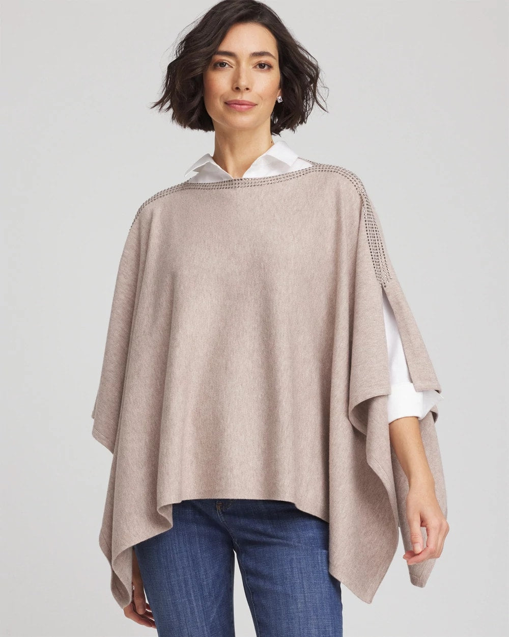 Rhinestone Embellished Poncho Light Taupe Heather - Chico's