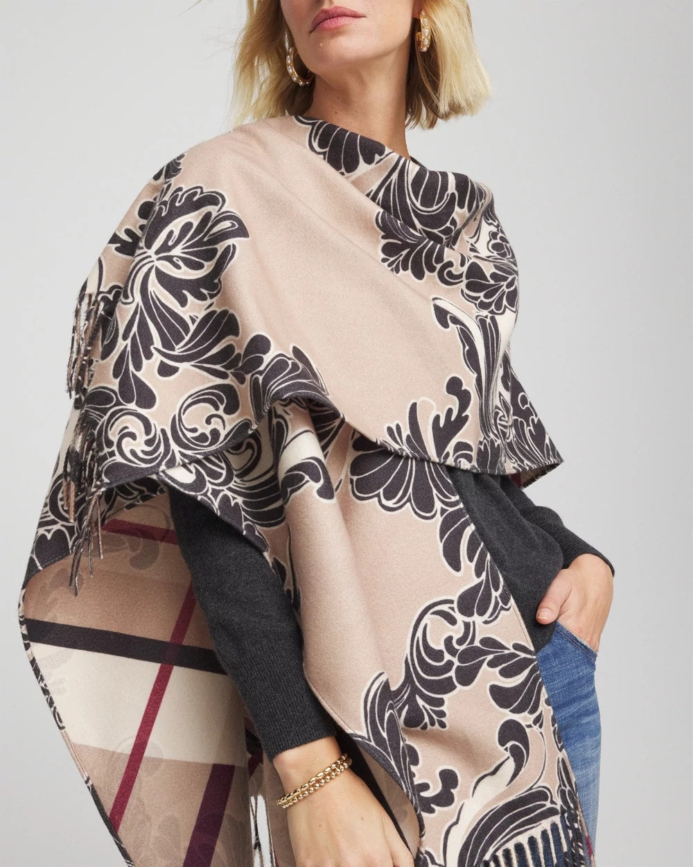 Reversible Printed Fringe Ruana Champagne Fizz - Chico's