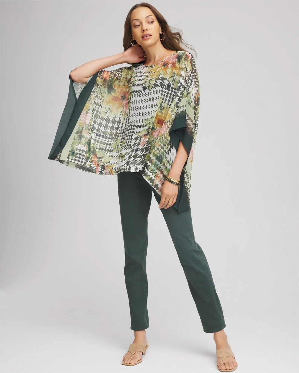 Printed Crinkle-Chiffon Pullover Poncho Nettle Leaf - Chico's