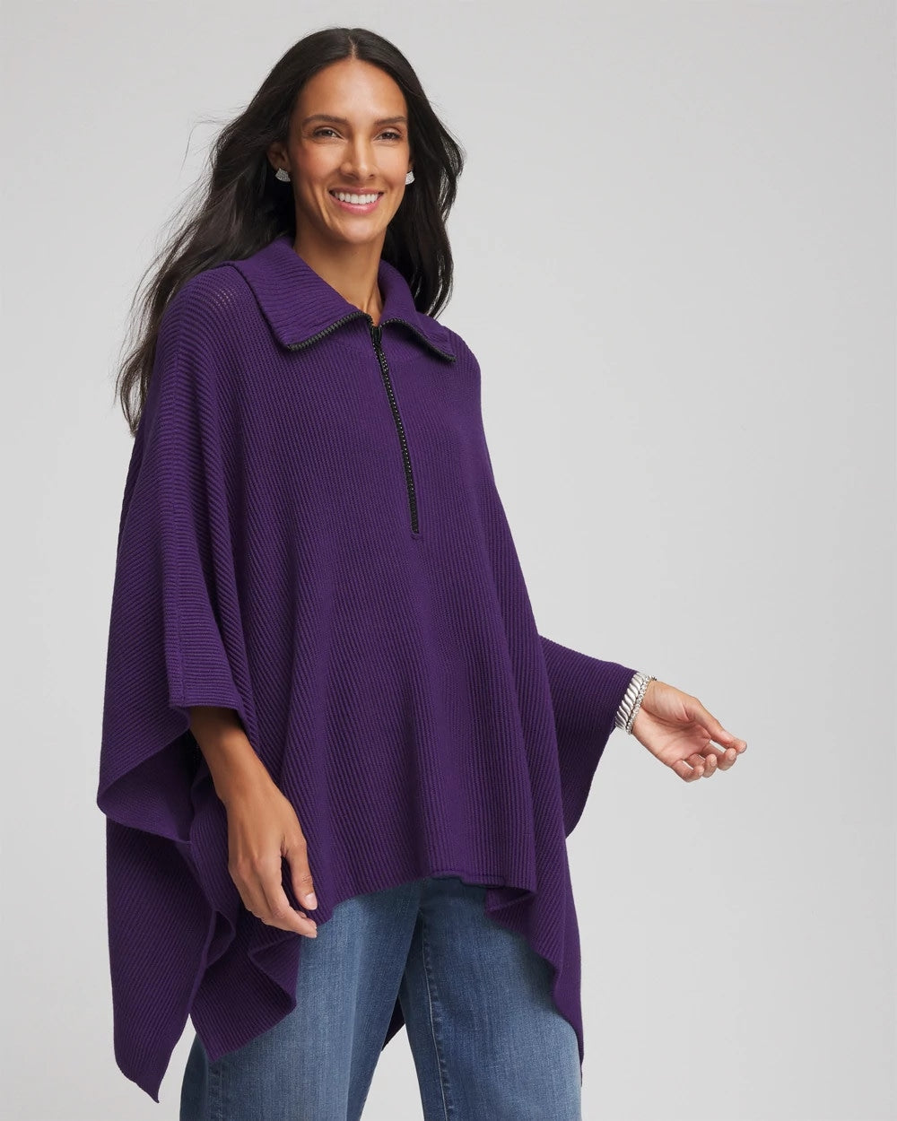 Rhinestone Zip-Collar Sweater Poncho Purple Elixir - Chico's