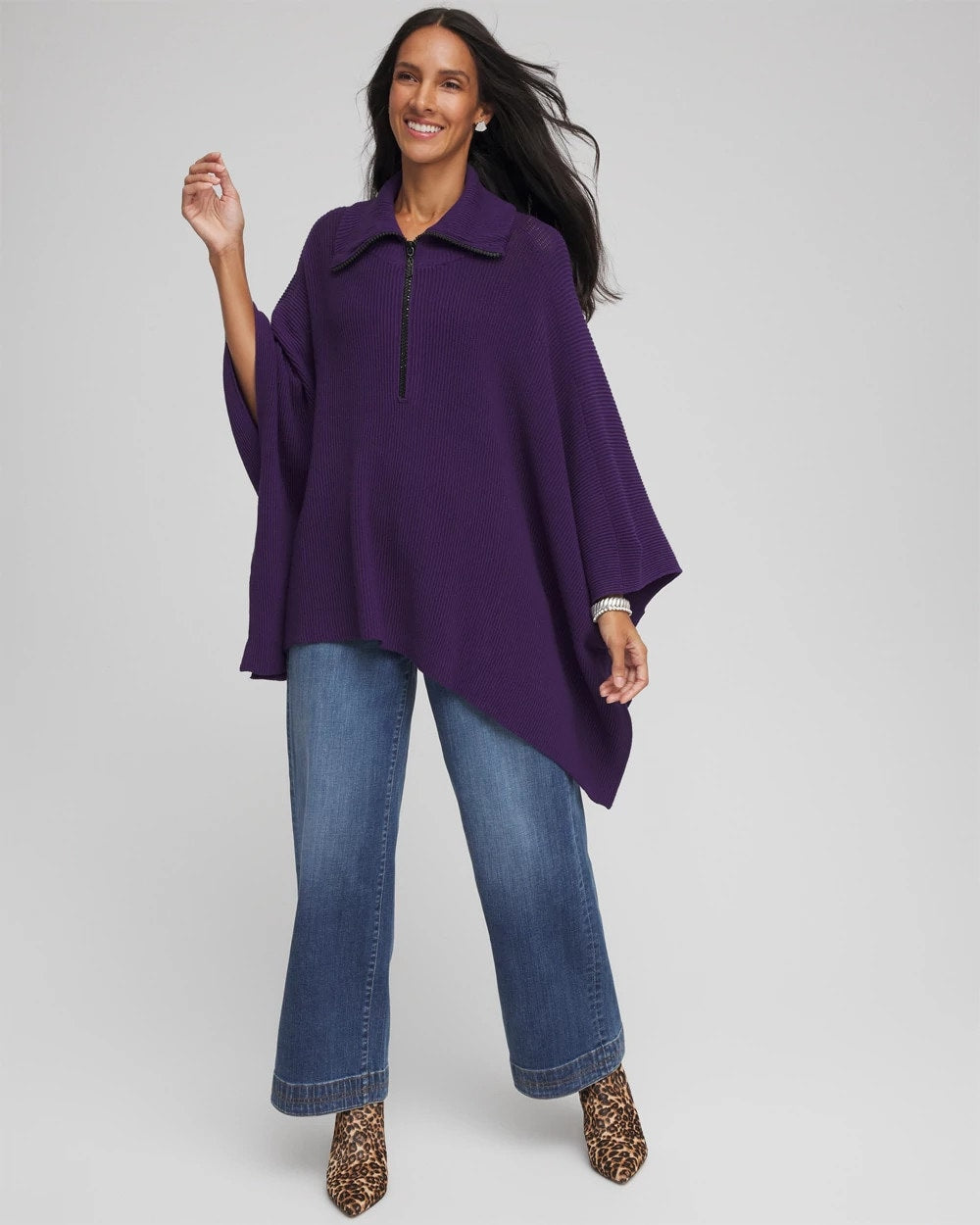 Rhinestone Zip-Collar Sweater Poncho Purple Elixir - Chico's