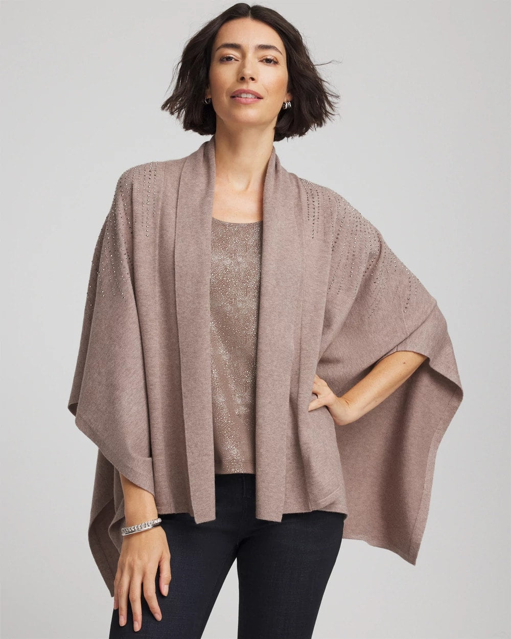 Embellished Shawl Collar Ruana Taupe Heather - Chico's