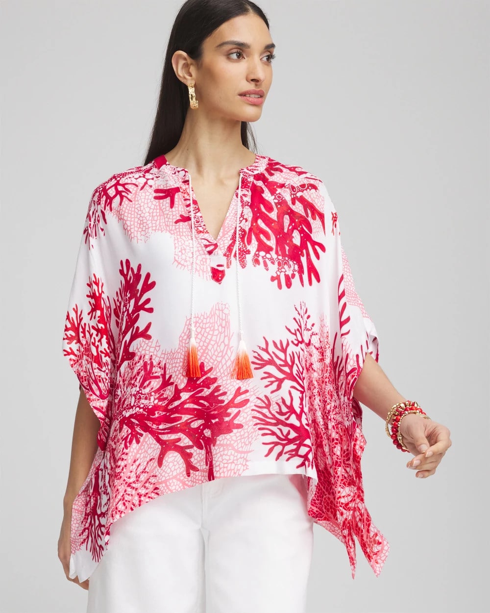 Coral Reef Motif Poncho Red Glow - Chico's