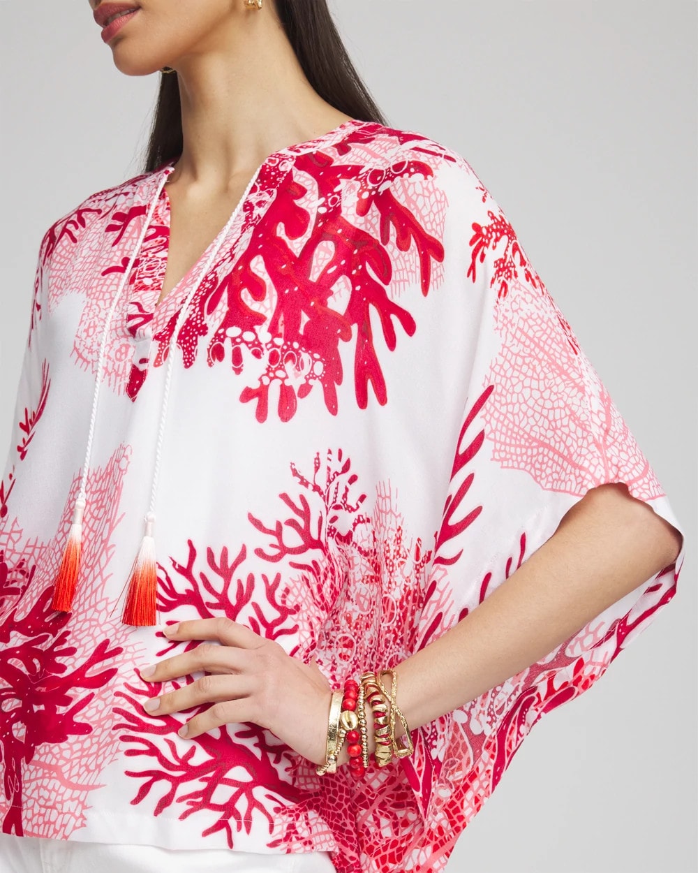 Coral Reef Motif Poncho Red Glow - Chico's