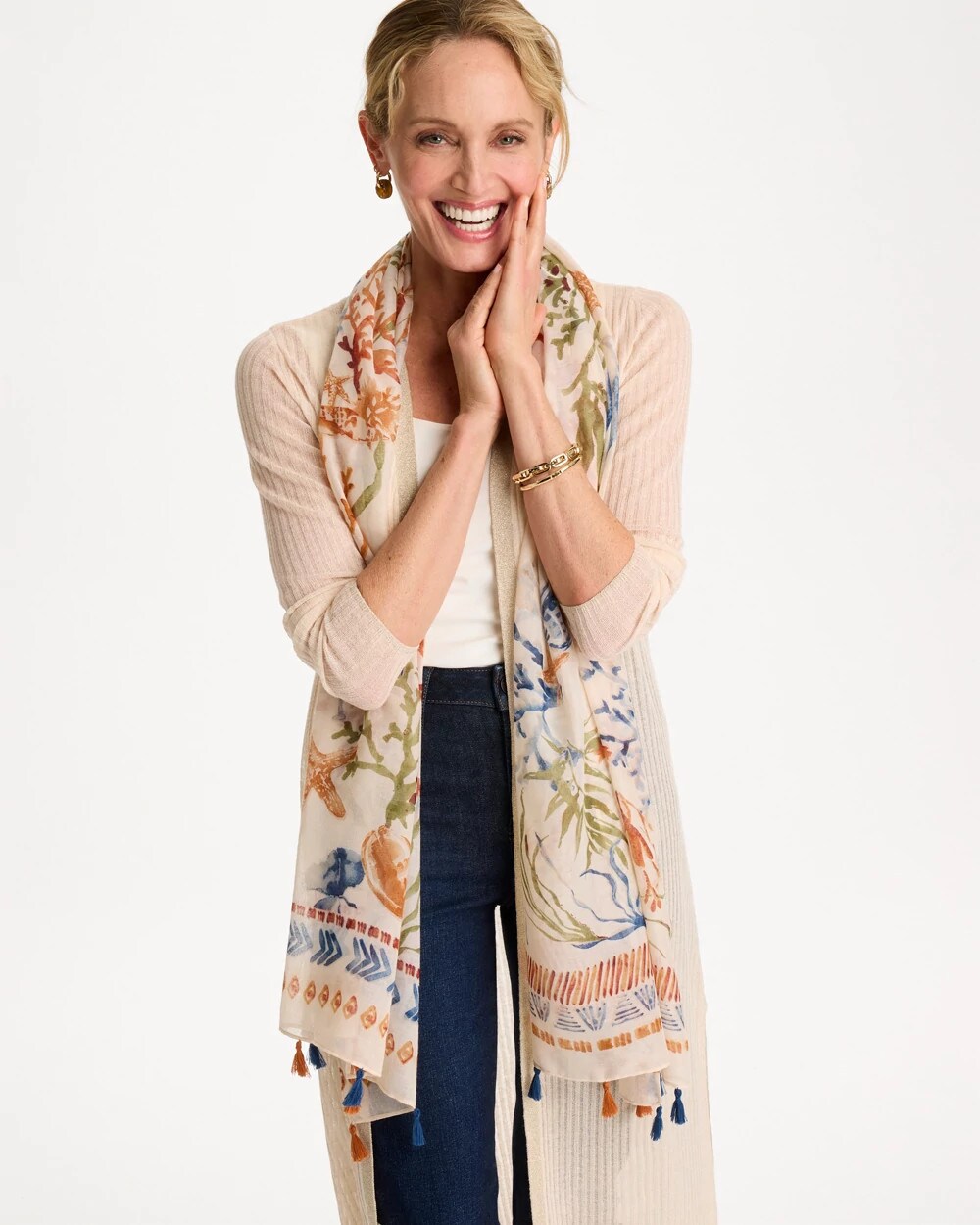 Sea Life Tassel Oblong Scarf Olive - Chico's