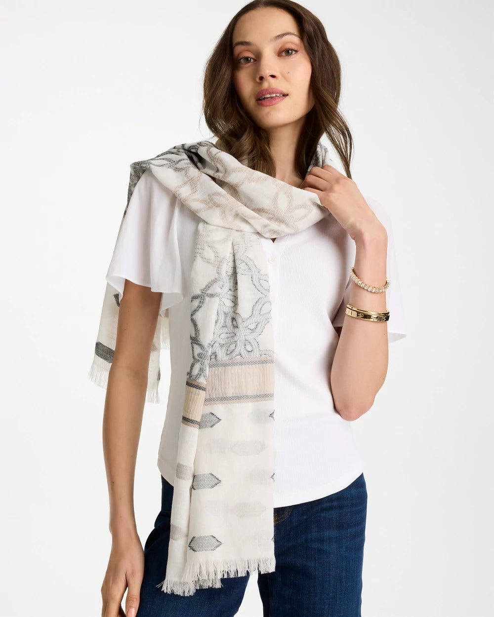 Neutral Paisley Polka Dot Oblong Scarf Neutral - Chico's
