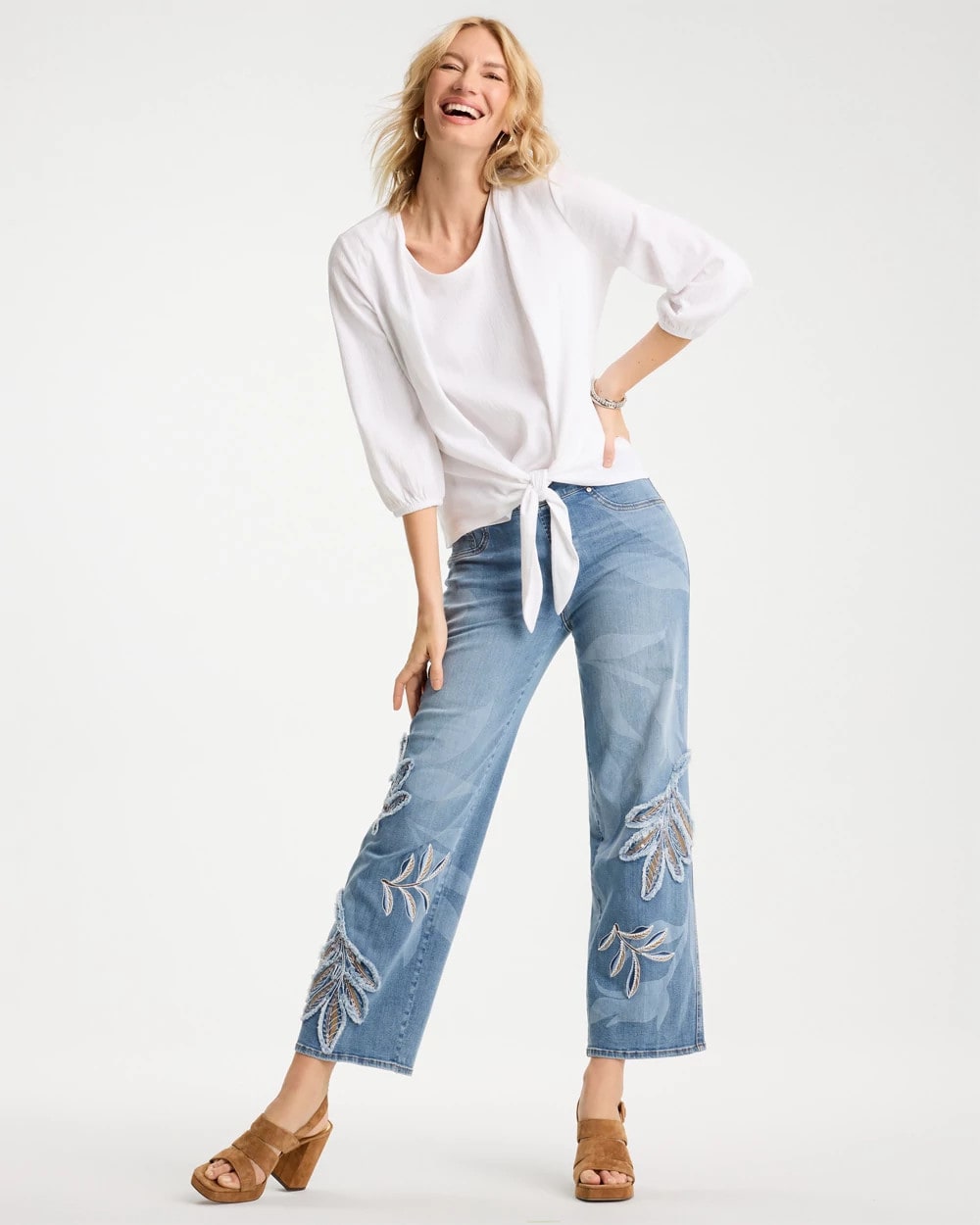 Tropical Embroidery Pull-On Wide Crop Jean Pashmina Indigo - Chico's