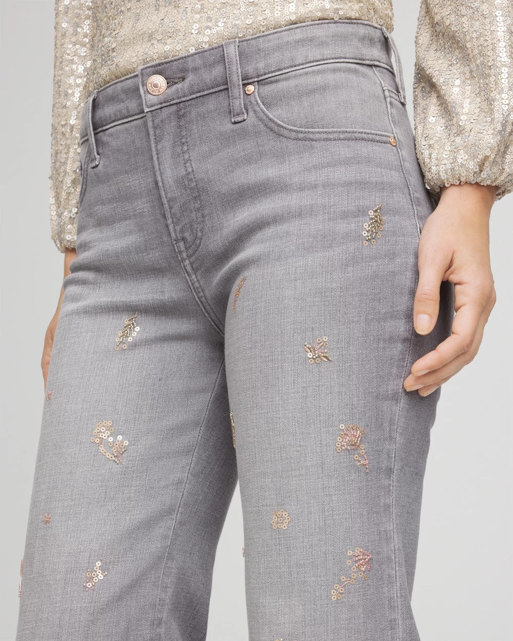 Rose Gold Embellished Girlfriend Flared Jeans Le Havre Wash - Chico's