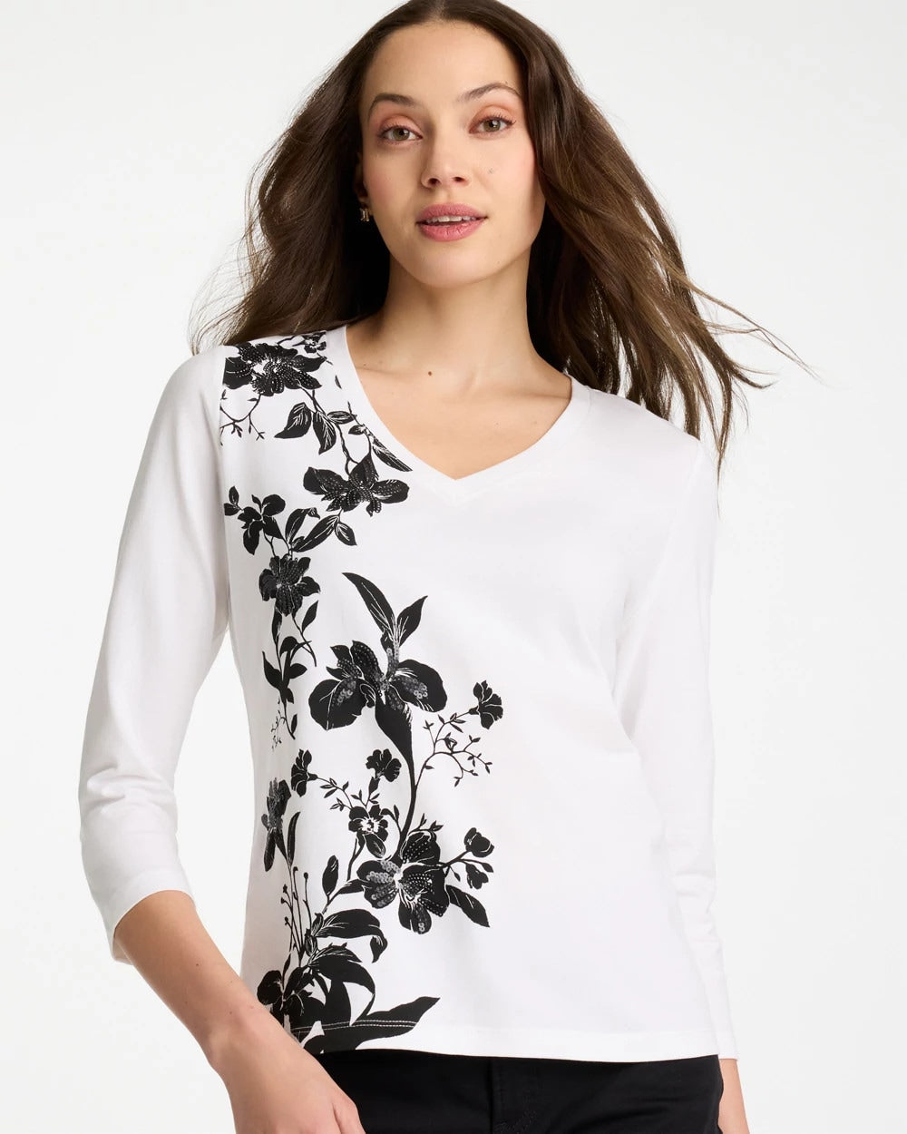 Printed Cotton Stretch 3/4 Sleeve Tee Black - Chico's