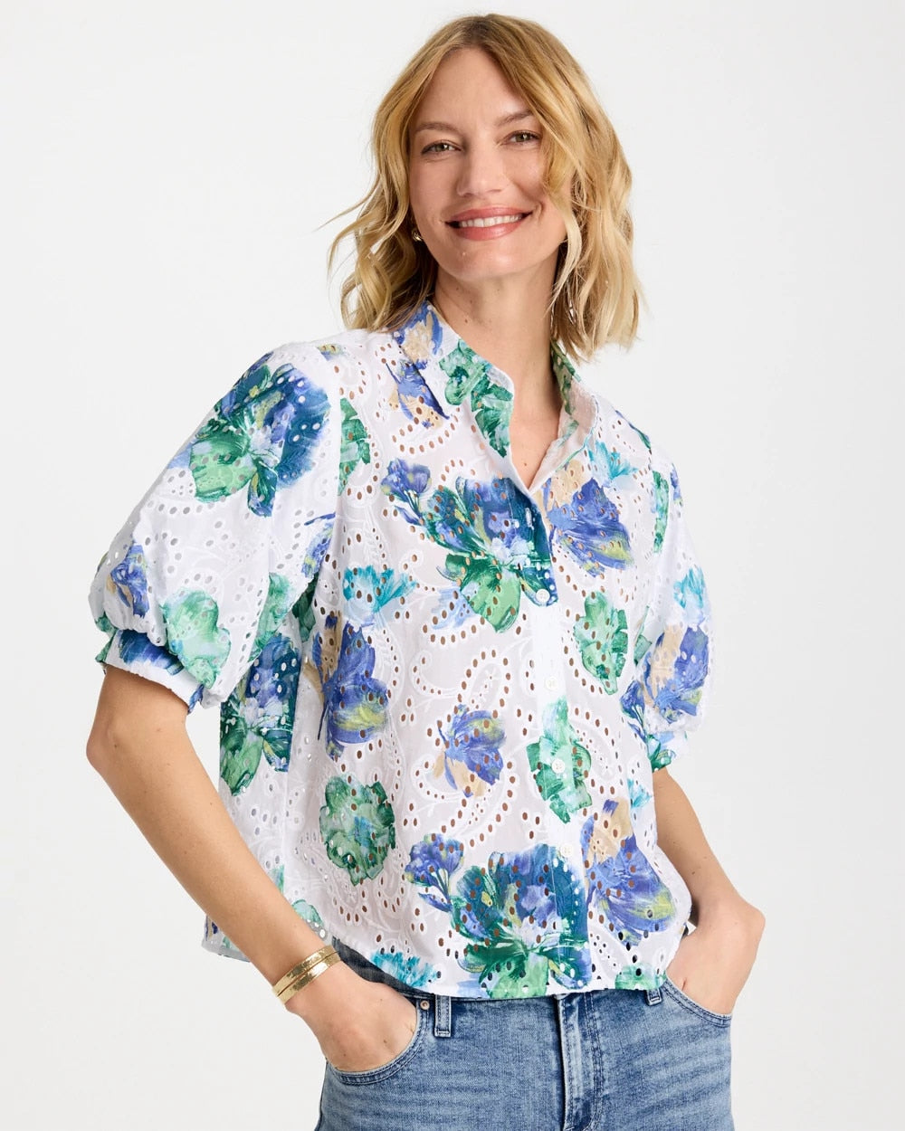 Floral Paisley Eyelet Blouse Passport Blue - Chico's
