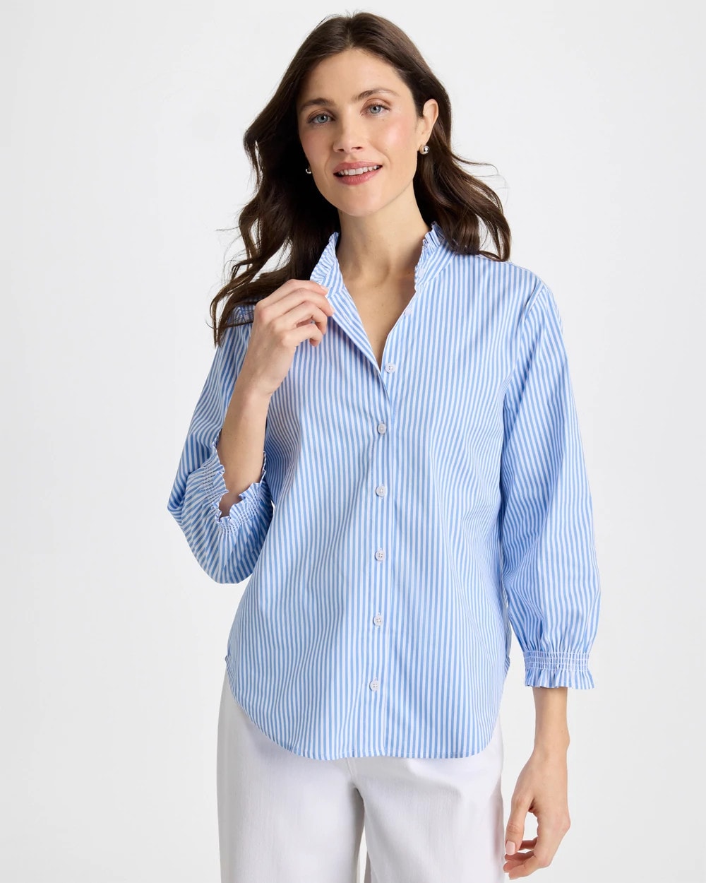 Striped Poplin Ruffle Neck Shirt Tidal Blue - Chico's