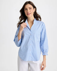 Striped Poplin Ruffle Neck Shirt Tidal Blue - Chico's