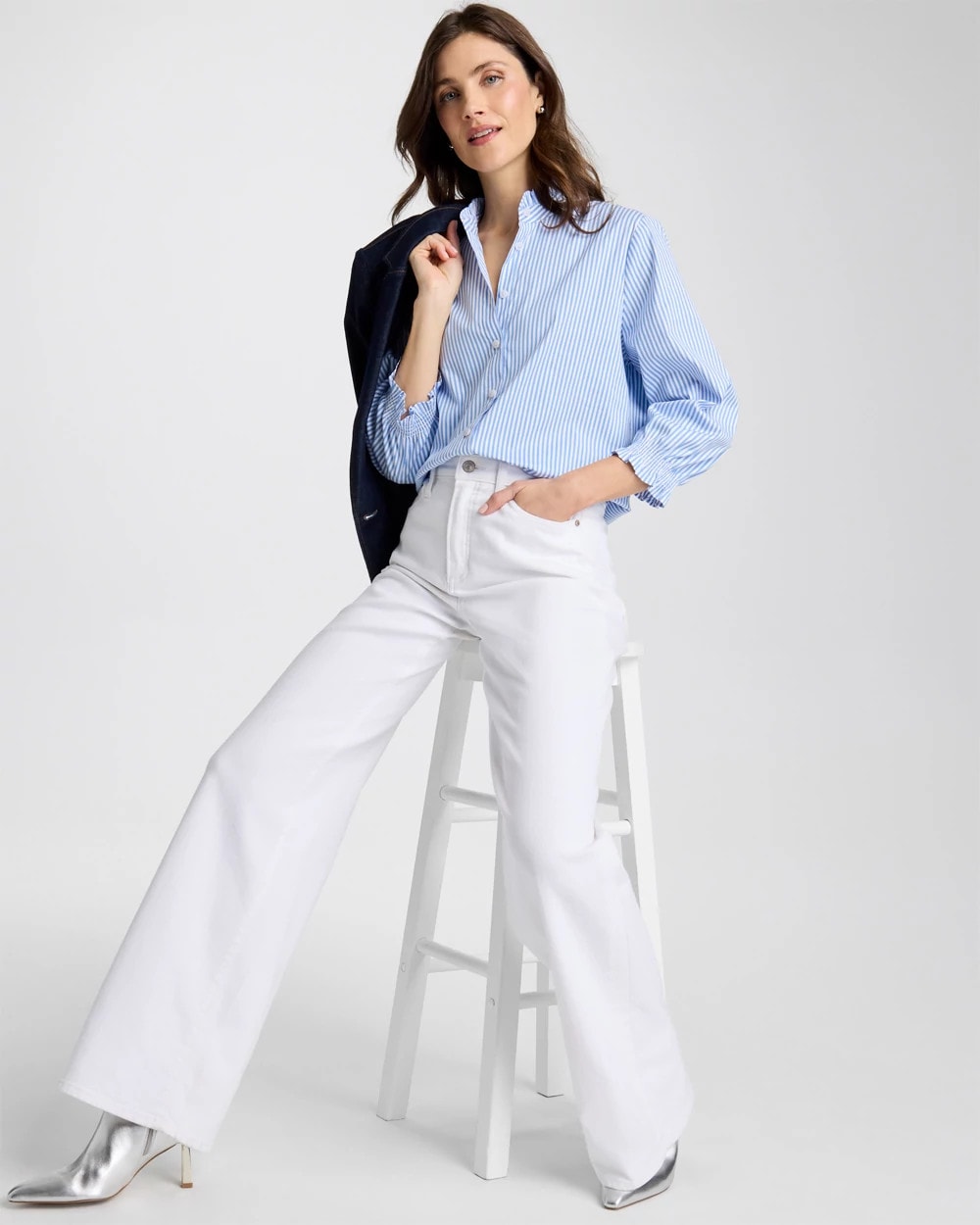 Striped Poplin Ruffle Neck Shirt Tidal Blue - Chico's