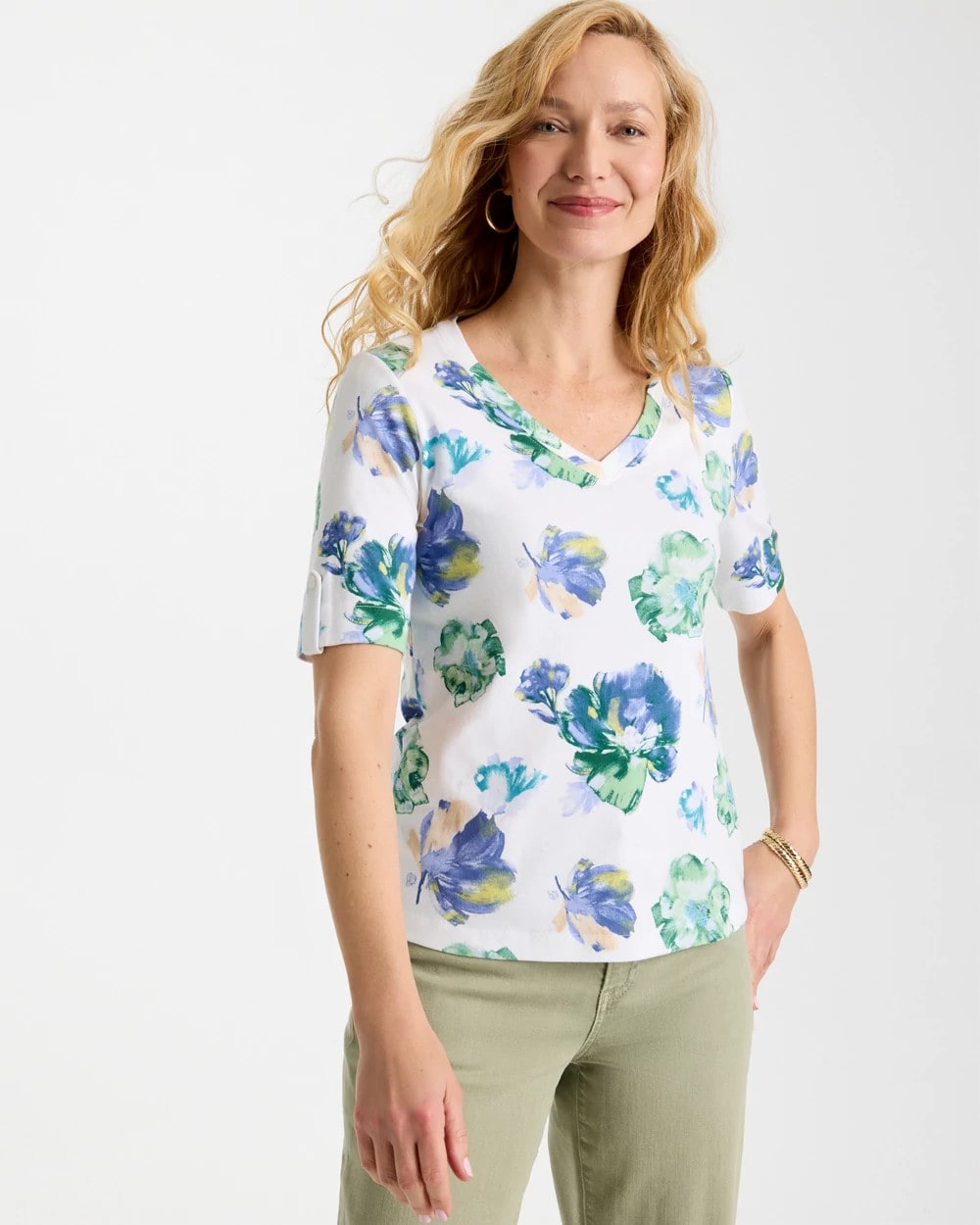 Printed Cotton Slub V-Neck Tee Passport Blue - Chico's
