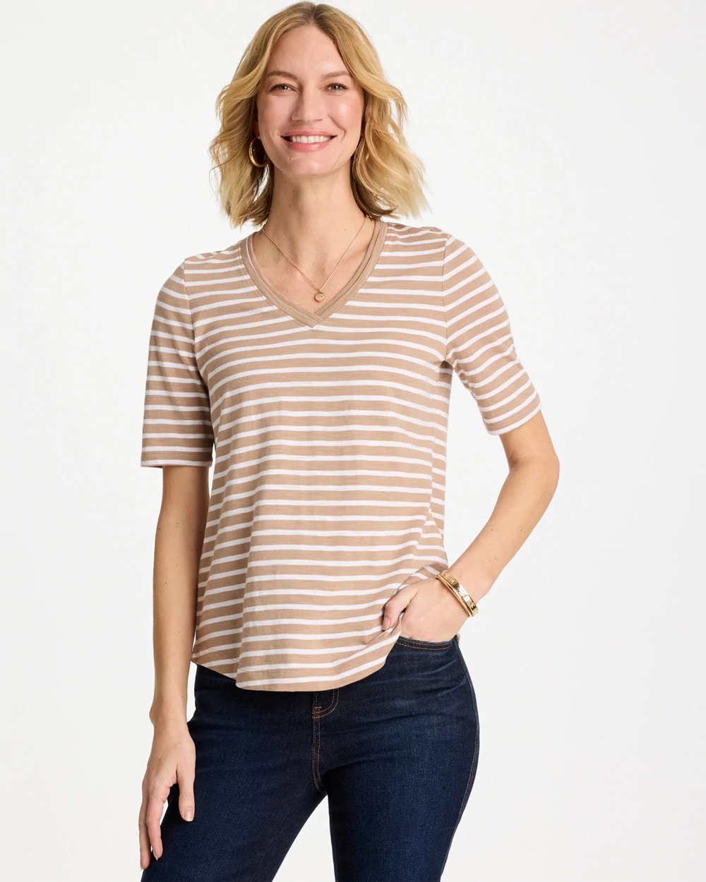 Striped Cotton Slub V-Neck Tee Cattail Brown - Chico's