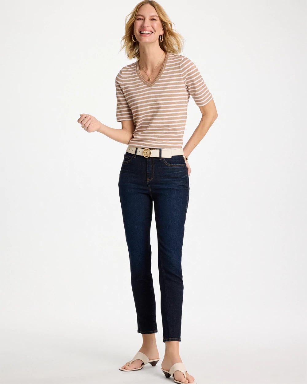 Striped Cotton Slub V-Neck Tee Cattail Brown - Chico's