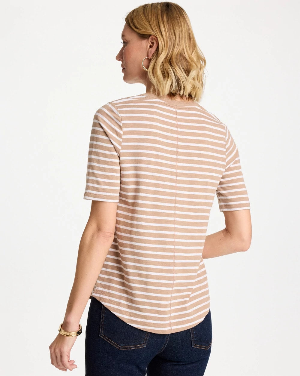 Striped Cotton Slub V-Neck Tee Cattail Brown - Chico's