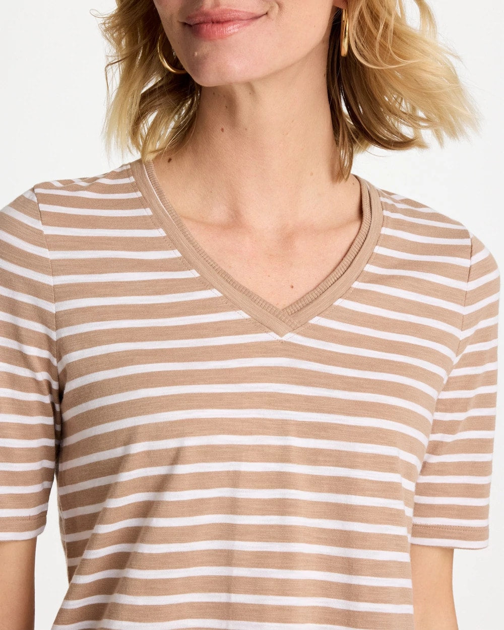 Striped Cotton Slub V-Neck Tee Cattail Brown - Chico's