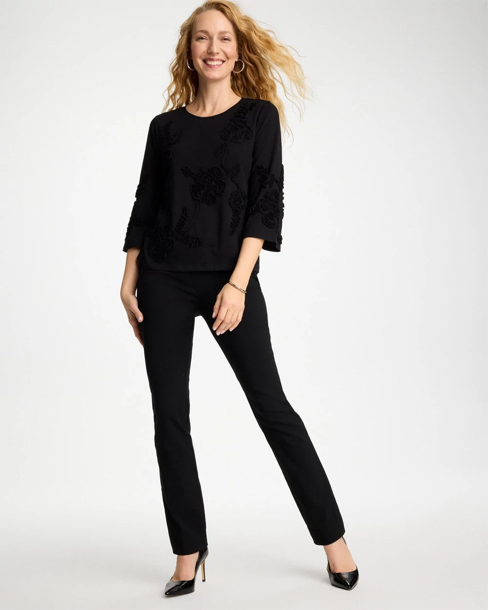 Soutache Elbow Sleeve Tee Black - Chico's