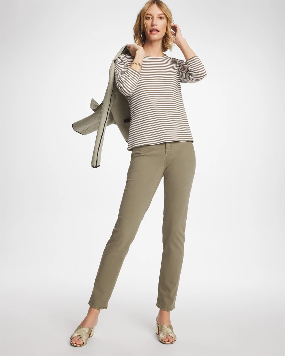 Striped Ribbed Button Crewneck Tee Lichen - Chico's